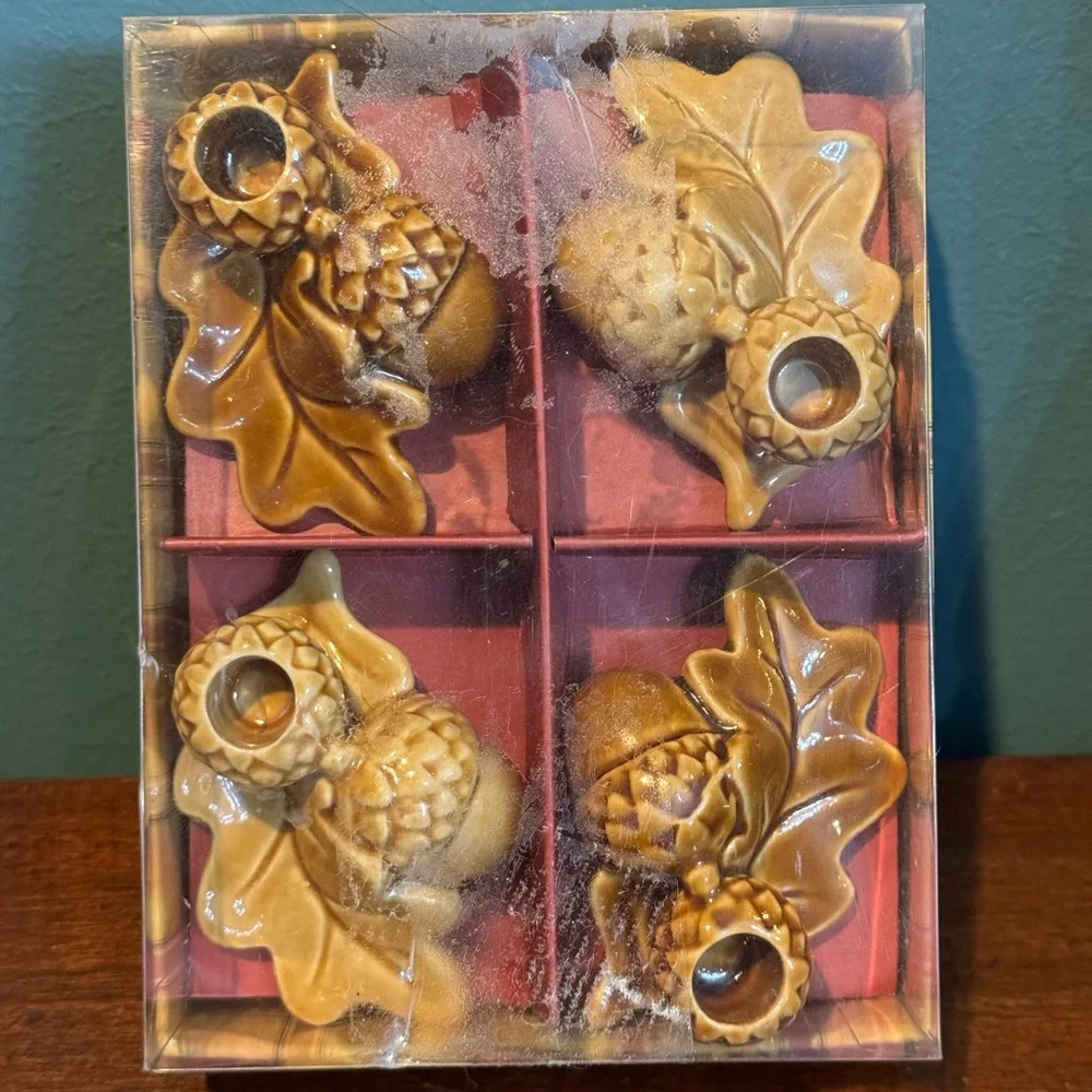 Williams-Sonoma Fall Oak and Acorn on Leaf Taper Candle Holders - Dijon & Brown